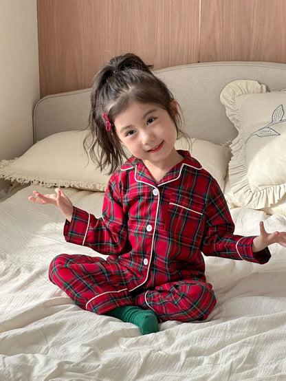 2025 New Christmas Children's Pajama Sets Plaid Print Clothing Set Button Full Sleeve 2 Pcs Suit Homewear Thin Pyjamas Xmas Look