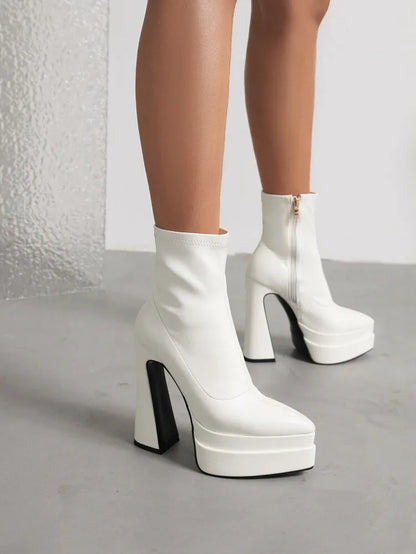 New 2026 Style Fashion High-heeled Women's Boots Solid PU Pointed Toe Zipper Platform Square Heel Women's Boots