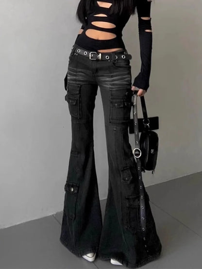 Retro Multi Pocket Y2K Flared Pants Women's Black Low Waisted Denim Cargo Jeans Gothic Stretch Slim Spicy Girl Workwear Trousers