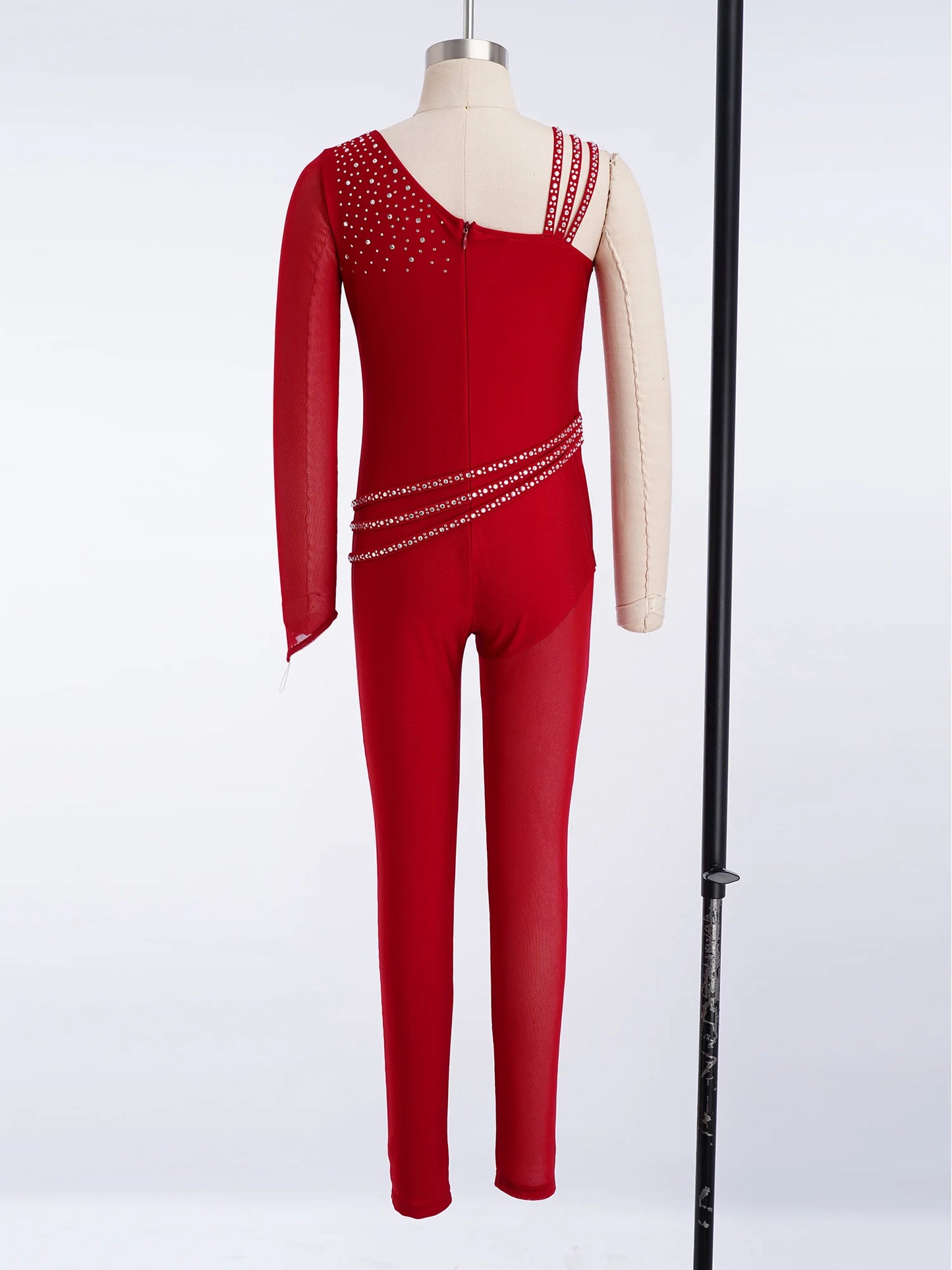 Kids Girls Ballet Dance Gymnastics Leotard Shiny Rhinestones Mesh Asymmetrical Jumpsuit for Figure Skating Acrobatic Performance