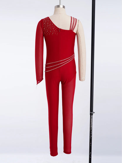 Kids Girls Ballet Dance Gymnastics Leotard Shiny Rhinestones Mesh Asymmetrical Jumpsuit for Figure Skating Acrobatic Performance
