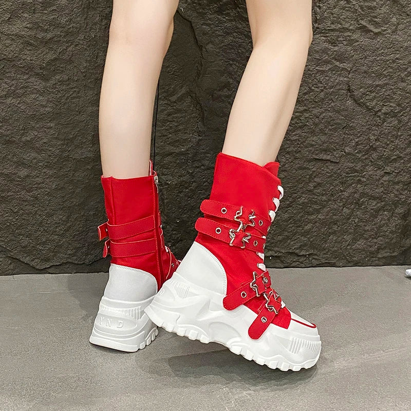 New Rock Platform Y2K Boots Women Summer 2026 Gothic Metal Star Belt Buckle Thick Sole Mid Calf Boots Woman Designer Punk Shoes