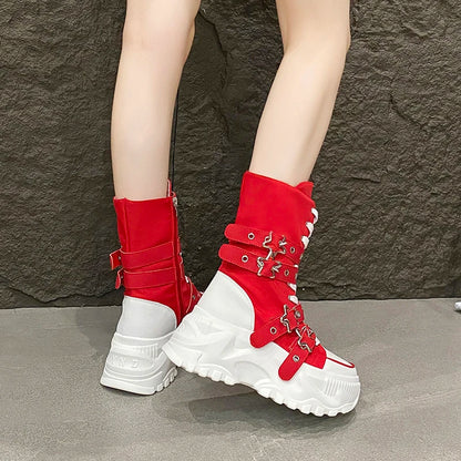 New Rock Platform Y2K Boots Women Summer 2026 Gothic Metal Star Belt Buckle Thick Sole Mid Calf Boots Woman Designer Punk Shoes