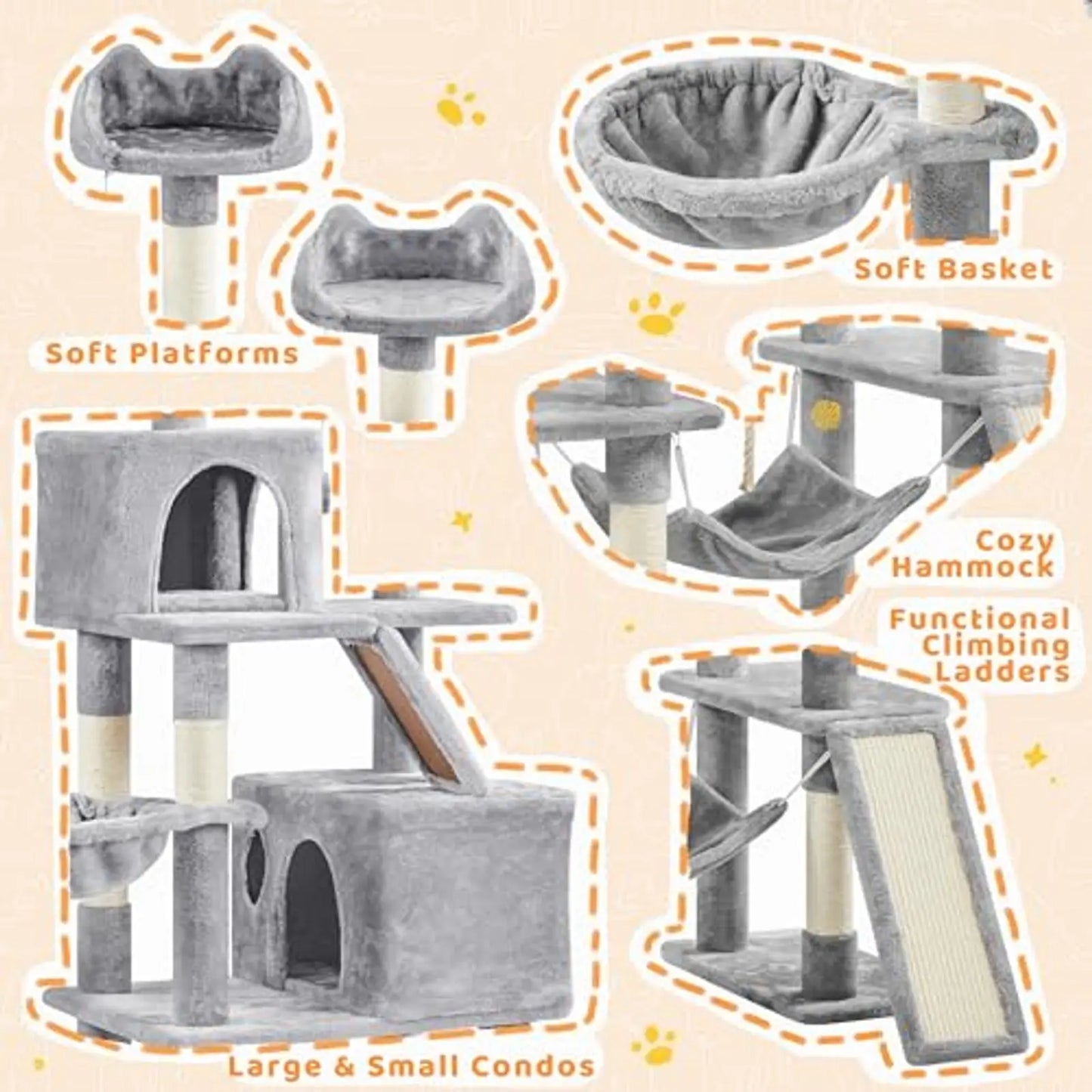 Light Gray Cat Tower 82.5in with Hammock Scratching Posts 2 Condos 2 Perches Basket for Large Cats Multi-Level Cat Tree
