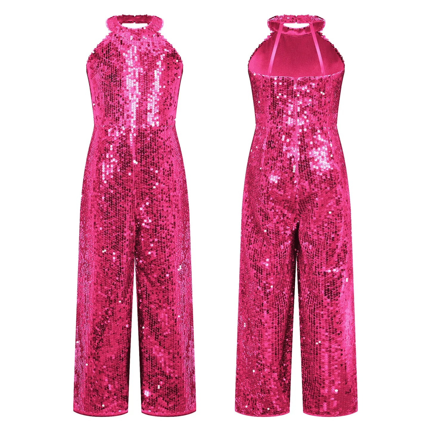 Kids Girls Jazz Dance Performance Jumpsuit Shiny Sequin Sleeveless Halter Romper Birthday Wedding Party Dancing Prom Bodysuit