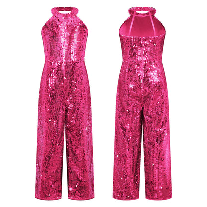 Kids Girls Jazz Dance Performance Jumpsuit Shiny Sequin Sleeveless Halter Romper Birthday Wedding Party Dancing Prom Bodysuit