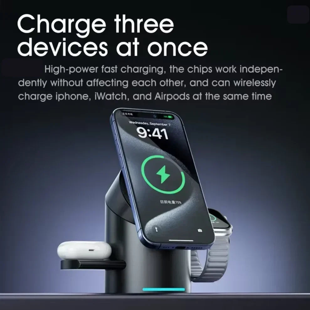 New Qi2 3In1 Magnetic Wireless Charger 15W Fast Charging Station Touch Button for IPhone Android Phones iWatch AirPods