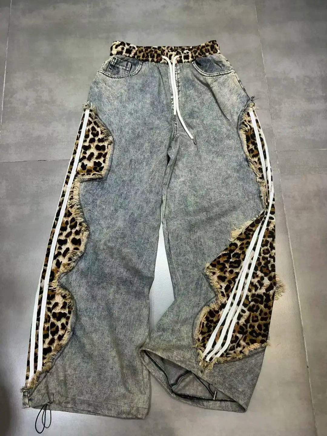 Trendy Drawstring Casual Women's Jeans Spring Summer New Style Side Color Block Striped Washed Grey Pants Natural Waist Denim