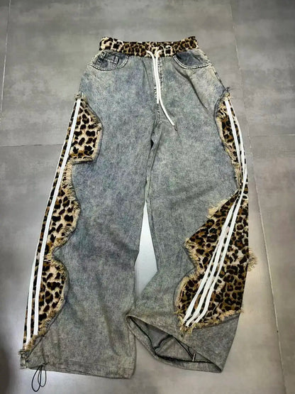 Trendy Drawstring Casual Women's Jeans Spring Summer New Style Side Color Block Striped Washed Grey Pants Natural Waist Denim
