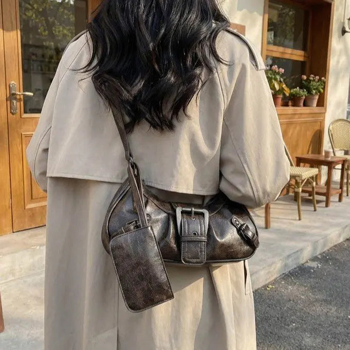 Shoulder Bags Y2K Retro Style Shoulder Bag, Maillard Pleated Rivet Armpit Bag, Fashionable Ladies Cool Leather Shoulder Bag