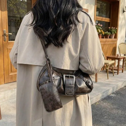 Shoulder Bags Y2K Retro Style Shoulder Bag, Maillard Pleated Rivet Armpit Bag, Fashionable Ladies Cool Leather Shoulder Bag