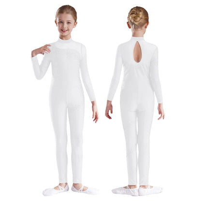 Kids Girls Ballet Dance Gymnastics Leotard Figure Skating Acrobatics Yoga Bodysuit Long Sleeve Shiny Rhinestone Mesh Jumpsuit