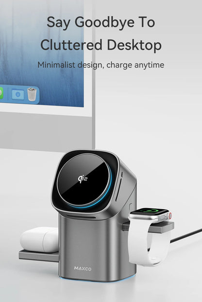MAXCO Qi2 3-in-1 Wireless charger with Auto-Rotating Phone Dock compatible with MagSafe for iPhone Apple Watch Ultra 2 Airpods