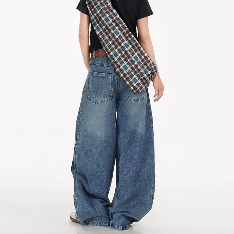 High Waist Loose Straight Leg Jeans American Stripe Splicing Unisex Spring Summer Autumn Winter Vintage Long Trousers