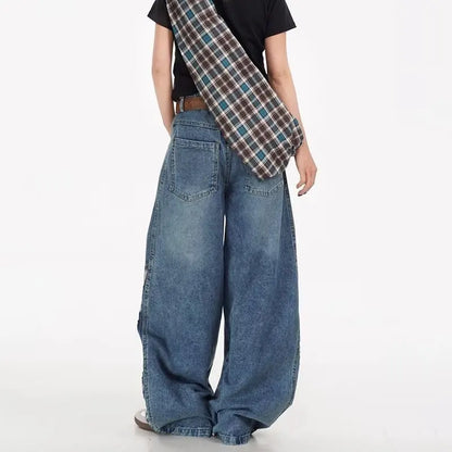 High Waist Loose Straight Leg Jeans American Stripe Splicing Unisex Spring Summer Autumn Winter Vintage Long Trousers