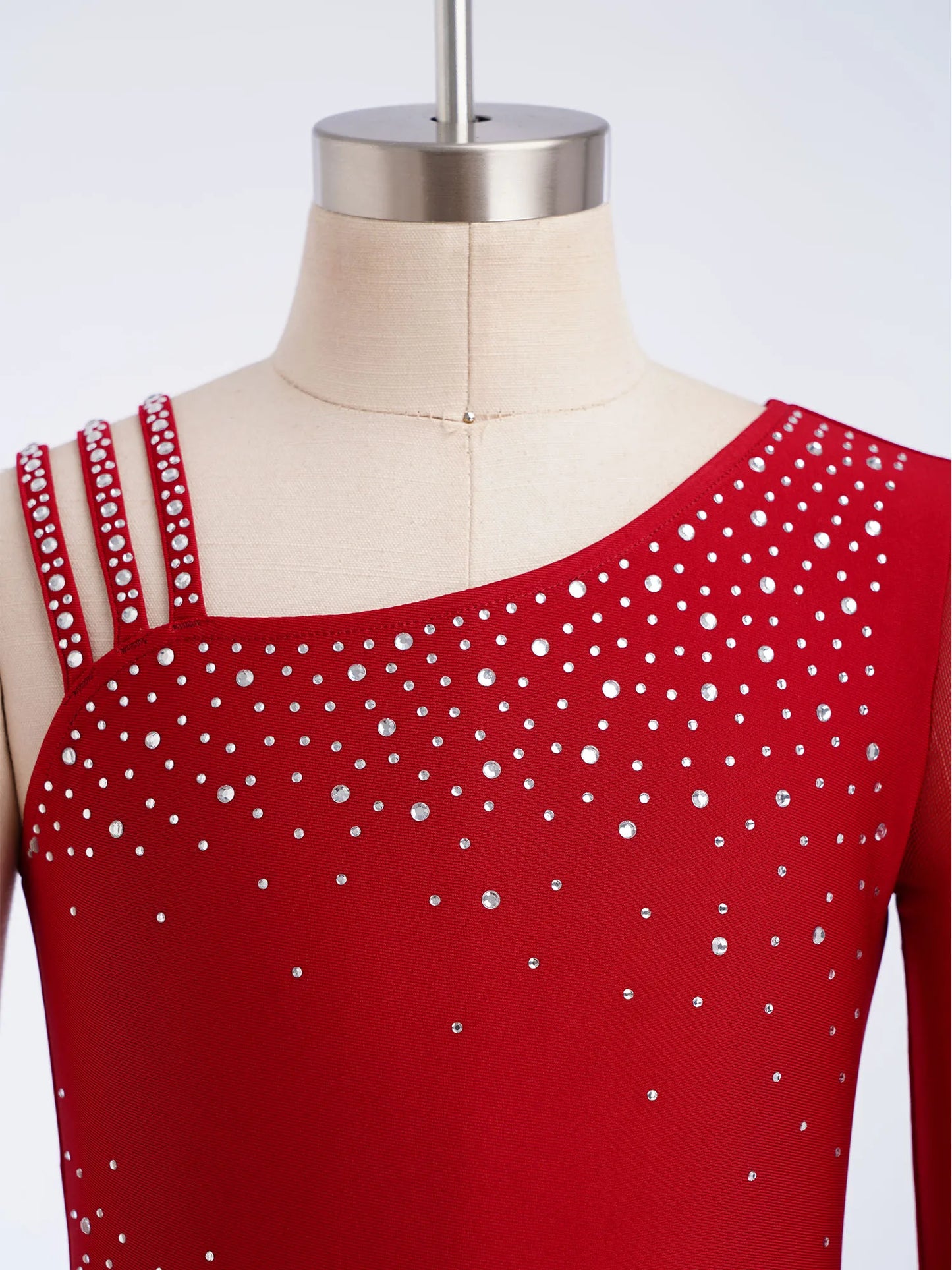 Kids Girls Ballet Dance Gymnastics Leotard Shiny Rhinestones Mesh Asymmetrical Jumpsuit for Figure Skating Acrobatic Performance