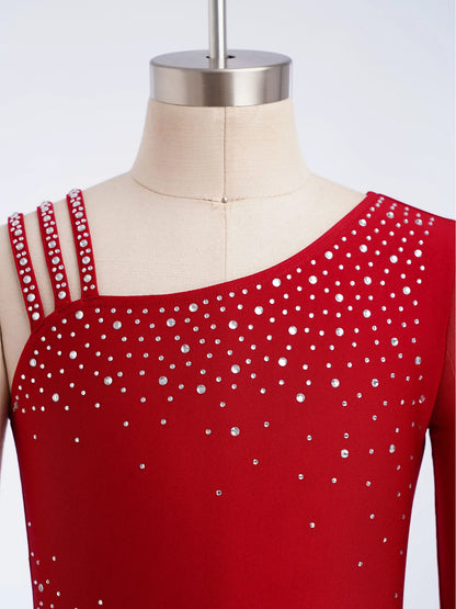 Kids Girls Ballet Dance Gymnastics Leotard Shiny Rhinestones Mesh Asymmetrical Jumpsuit for Figure Skating Acrobatic Performance