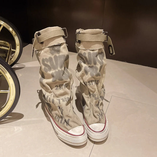 Women Canvas Sneakers Flats Designer Mid Calf Snow Boots Fashion Shoes Woman Trend New Punk Chelsea Boots Lady Shoes