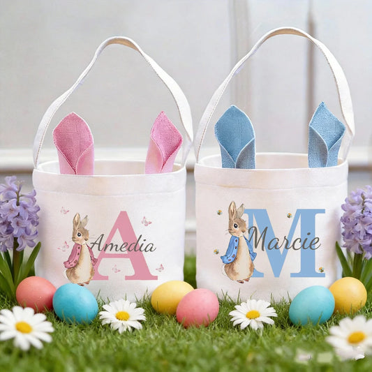 Personalized Name Easter Basket Foldable Sturdy Handle Egg Hunt Bucket for Easter Gifts Supplies Tag Spring Celebration Decor