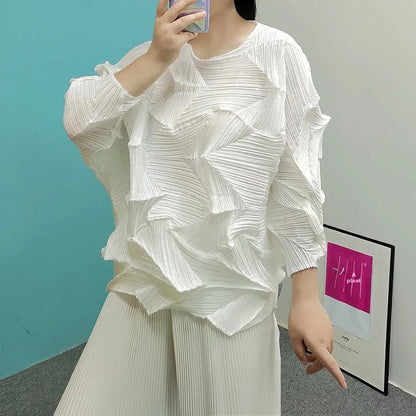 Diamond Pleated Top 8161 Artistic Raglan Sleeve Crew Neck T-Shirt  Spring Summer Fashionable Pleated Des