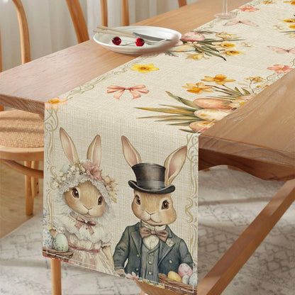 Easter Bunny Polyester Table Runner Happy Easter Decorations for Home Rabbit Butterfly Table Cloth Easter Party Supplies