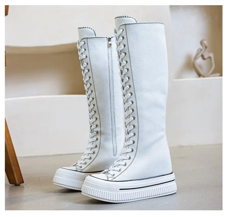 NEW Luxury Platform Boots Women Canvas Casual High Top Shoes Long Boot Lace-Up Zipper Comfortable Flat Sneakers Tenis Feminino