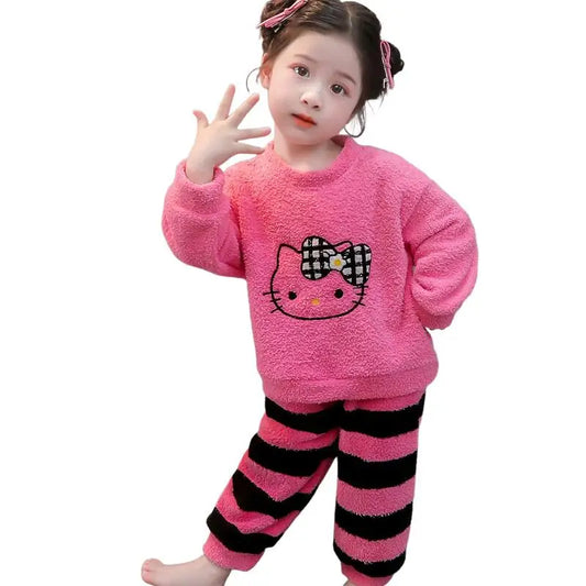 Hot Hello Kitty Girls Flannel Pajamas Sets Sanrio Kids Cartoon Kawaii Sweet Leisure Wear Keep Warm Autumn Winter Home Clothes