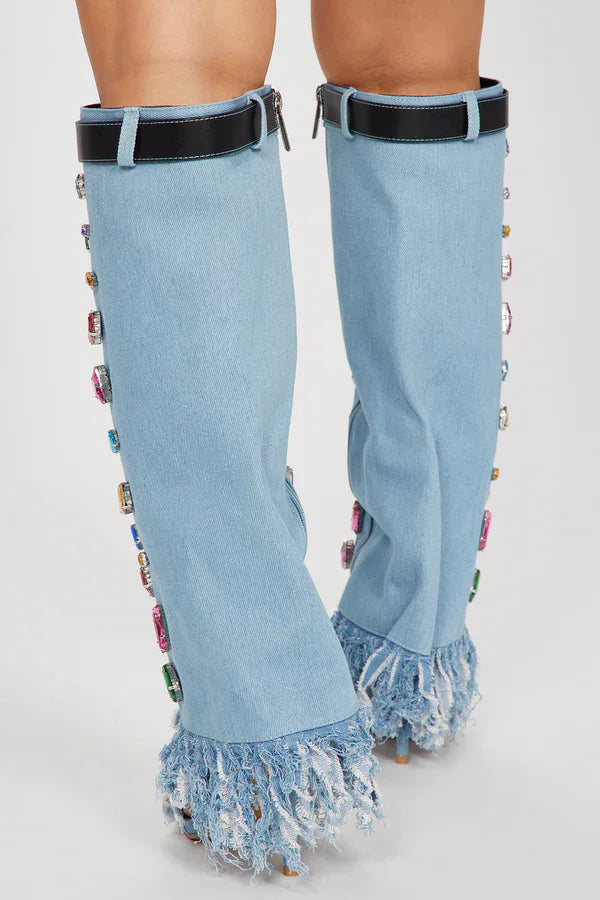 Crystal Decor Denim Lady Long Boots Sexy Fringe Pointed Toe Woman Knee High Boots Fashion Tassel Jean Sandals Boots 44