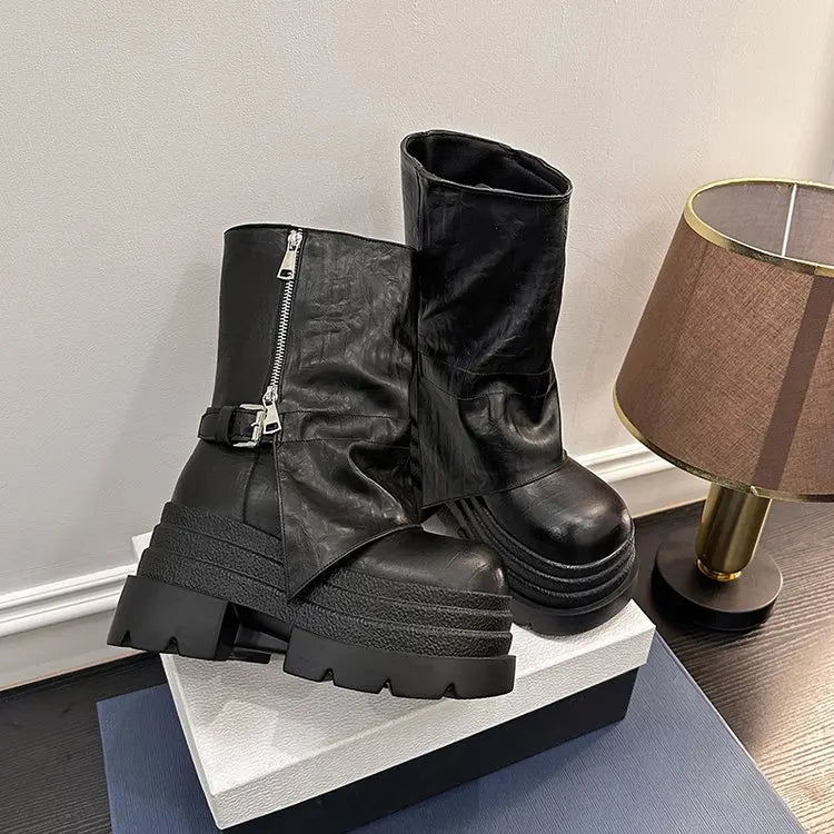 NEW Women's Leather Ankle Boots 10CM Heels Chunky Platform Combat Boots Non Slip Motorcycle Shoes Woman Punk Boots