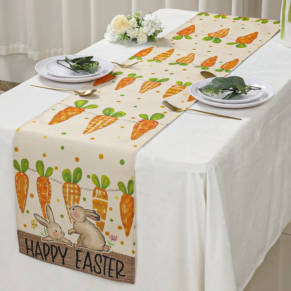 Easter Bunny Polyester Table Runner Happy Easter Decorations for Home Rabbit Butterfly Table Cloth Easter Party Supplies