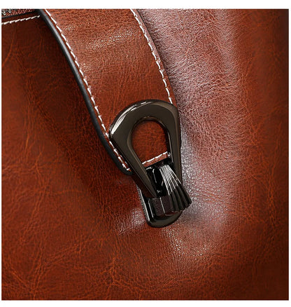 Real Oil Wax Leather Women's Bucket Bag Casual and Simple Handbag Large Capacity Ladies Cowhide Fashionable Crossbody Tote Bag