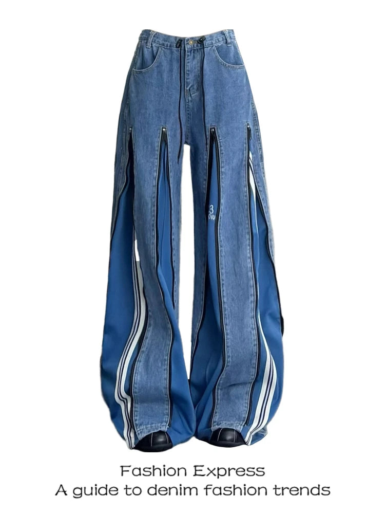 Trendy Color Block High Waist Wide Leg Jeans Women's New 2026 Zipper Pants Autumn Small Design Casual Comfortable Fit
