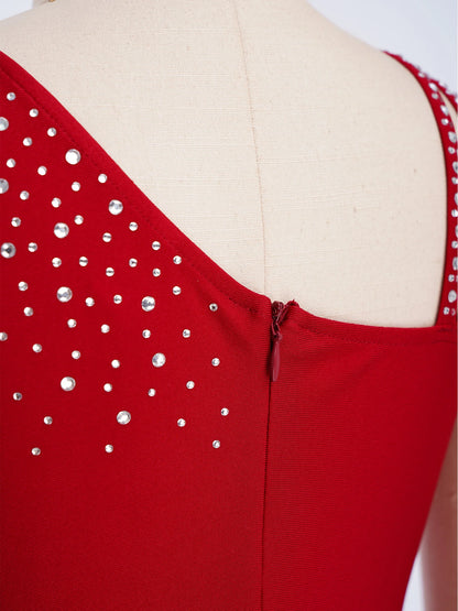 Kids Girls Ballet Dance Gymnastics Leotard Shiny Rhinestones Mesh Asymmetrical Jumpsuit for Figure Skating Acrobatic Performance
