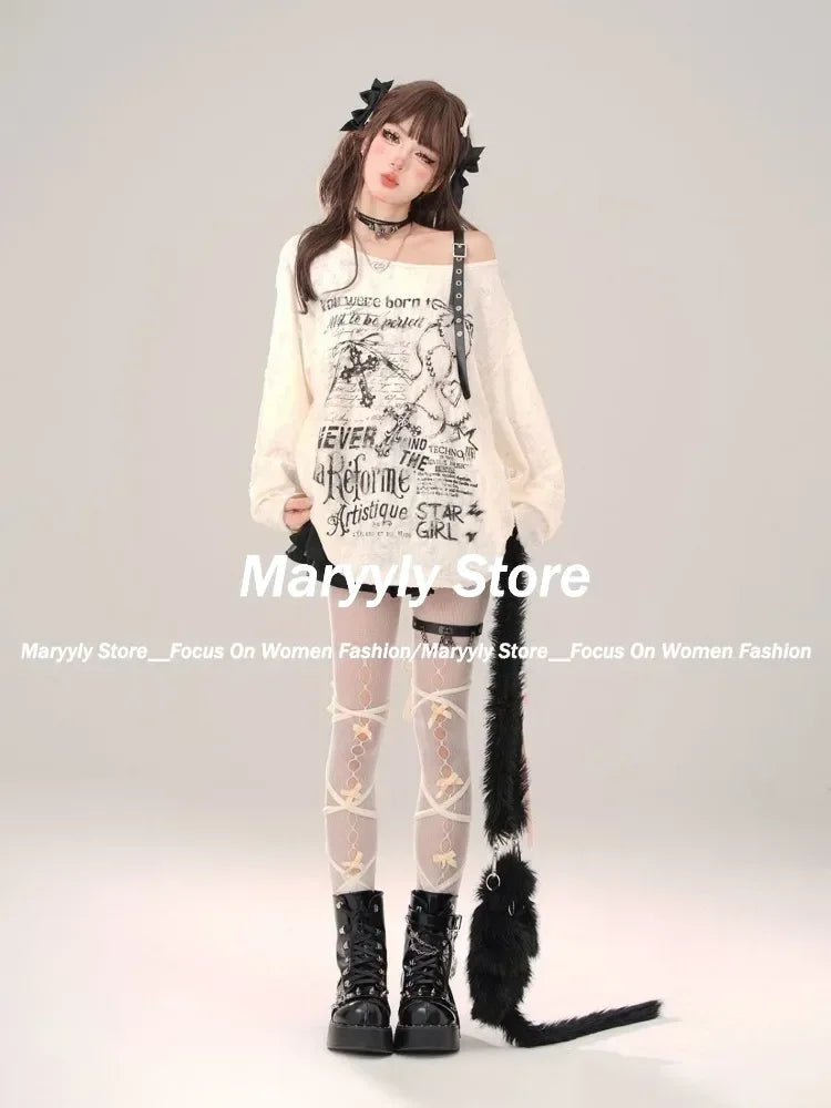 Y2K Gothic Grunge Dark Hollow Out T Shirt Women Harajuku Hollow Out Off Shoulder Sexy Tees Autumn Punk Letter Print Tops New