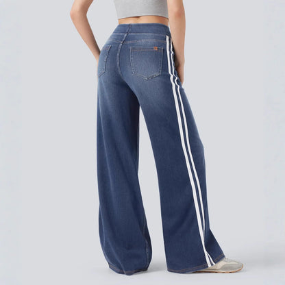 Retro Washed Blue Side Stripe Jeans Women's Y2K High Street Loose Wide Leg Pants Casual Comfortable High Waist Denim Jeans
