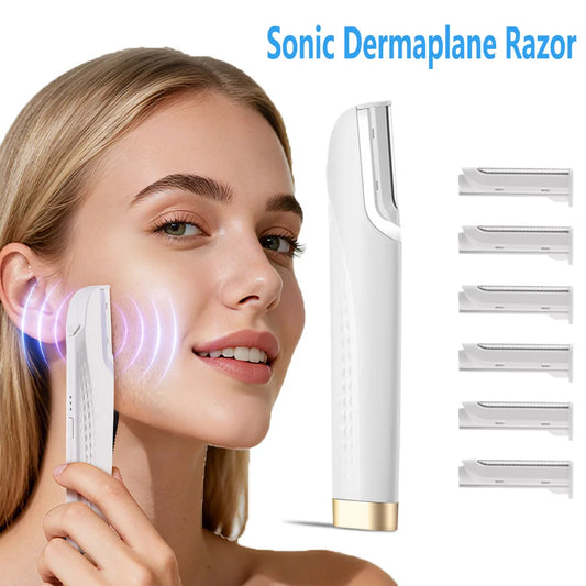 Electric Women Sonic Dermaplaning Razor Facial Exfoliation Hair Remover LED Face Fuzz Hair Scraper 6 Cutter Head Portable Shaver