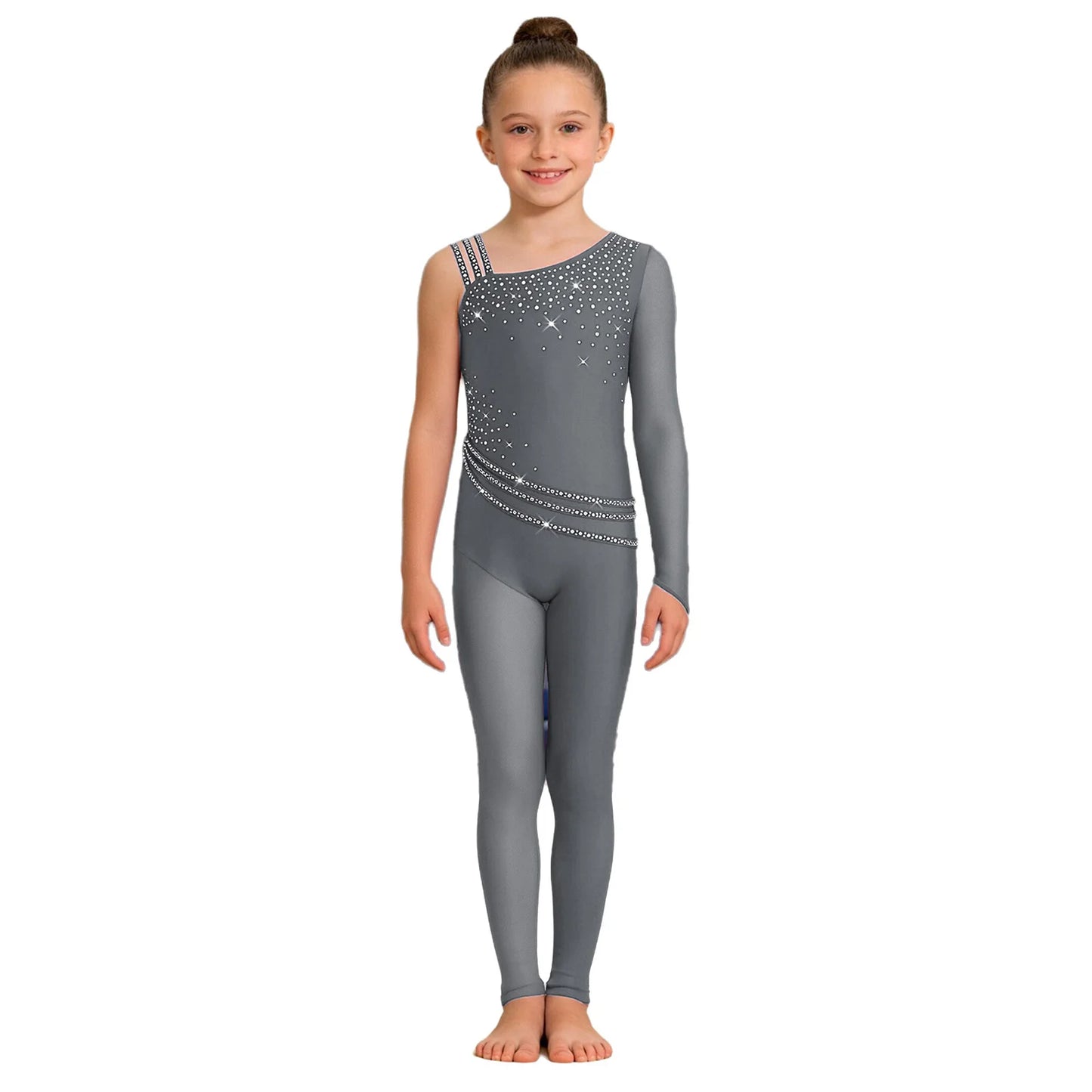 Kids Girls Ballet Dance Gymnastics Leotard Shiny Rhinestones Mesh Asymmetrical Jumpsuit for Figure Skating Acrobatic Performance
