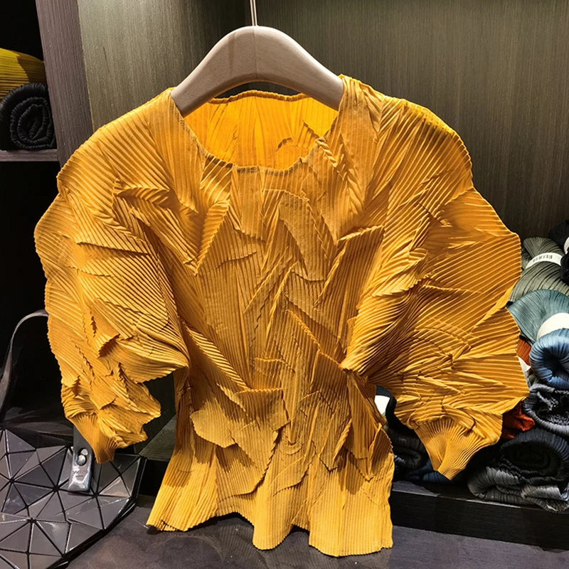 LANMREM New Batwing Sleeve Pleated Women's T-shirt American Style Loose Versatile Chic Round Collar Pullover Tops 2DB6558