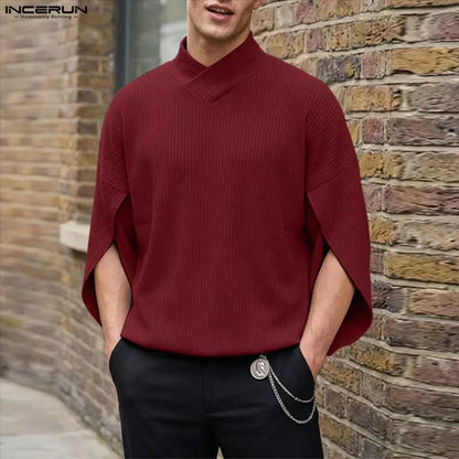 INCERUN Men T Shirt Solid Turtleneck 3/4 Sleeve Fashion Male Tee Tops Knitted Korean Style Streetwear 2026 Casual Men Clothing