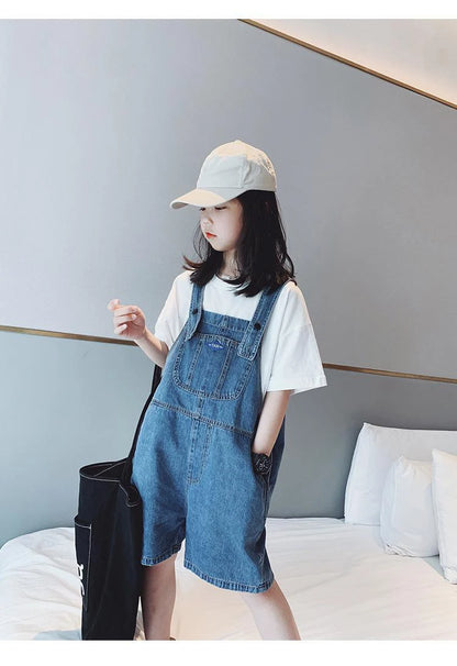 Girls' Fashionable Denim Overalls Medium Big Children's Casual Loose Denim Shorts Korean Style Baby Girl's Denim Overalls Shorts