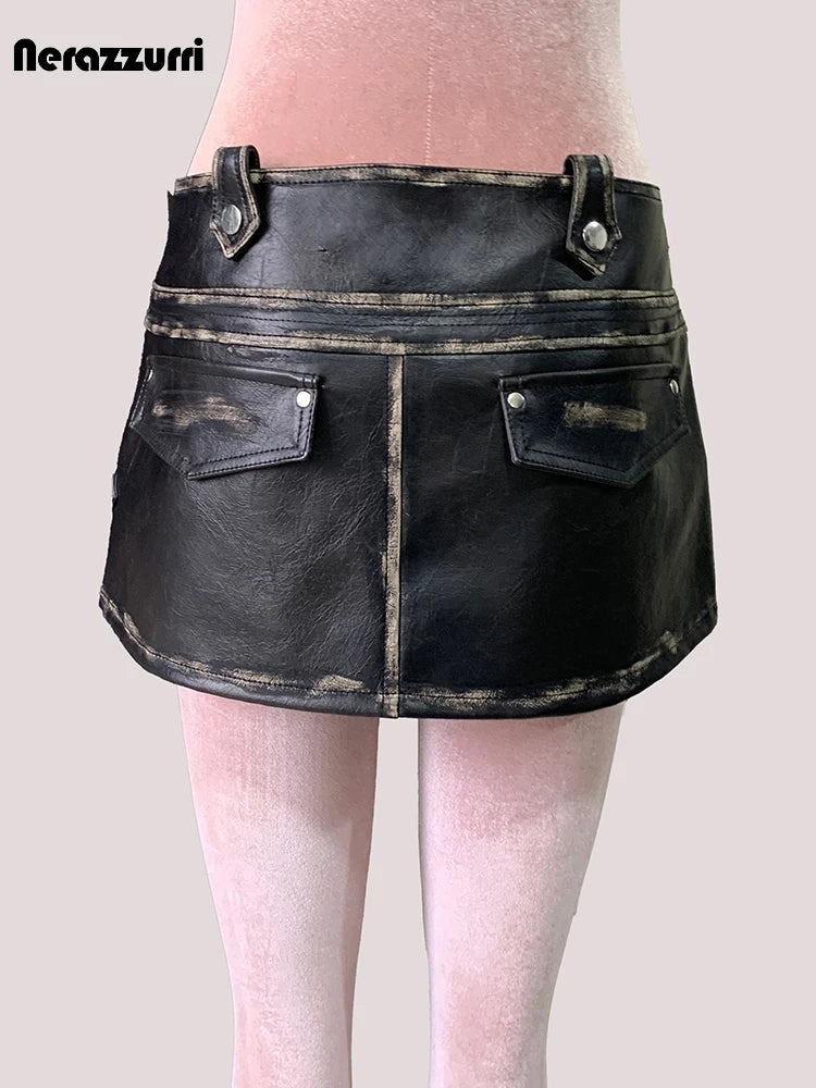 Mauroicardi Summer Cool Distressed Black Faux Leather Mini Asymmetrical Skirt Woman High Waist Short Luxury Designer Emo Clothes
