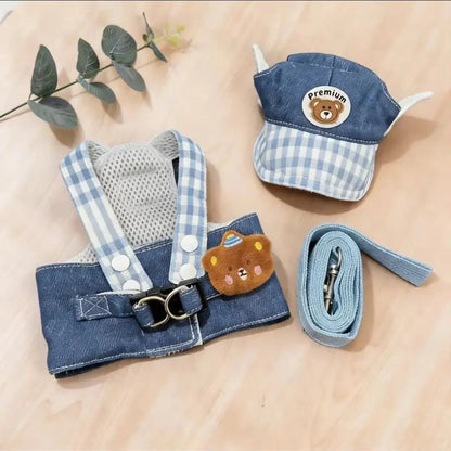 Cute Plaid Pet Harness Leash And Hat Set Adjustable Breathable Vest Harness for Small Dogs And Cats Outdoor Walking ﻿