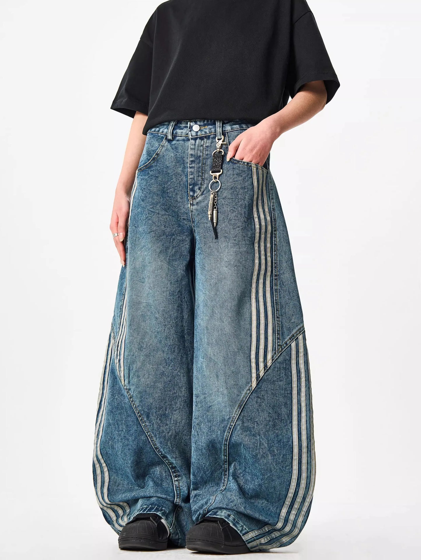 Women Wide Leg Jeans Vintage Y2K Reconstruction Custom Distressed Wash Stripe Denim Pants Trendy Comfort Fit