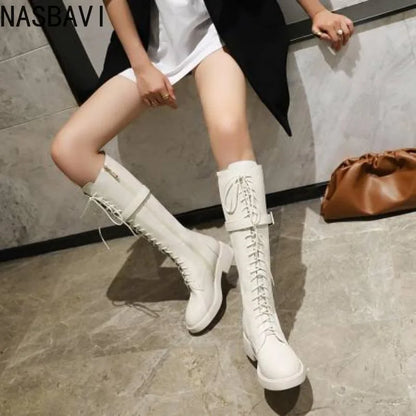 NASBAVI New Women's Long Boots Women Autumn Round Toe Flat Bottes Woman Knee High Low Heel Casual PU Leather Winter Female Shoes
