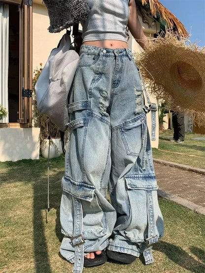 American New Fashion Vintage Washing Heavy Industry Multi-pocket Tooling Jeans Female Y2K Street Popular Baggy Drop Pants Tide