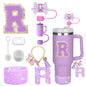 8PCS Accessories Set for Stanley Cup Purple 30oz 40oz tumbler Silicone Straw Topper Cover Cap Boot Handle Charm Initials Sticker