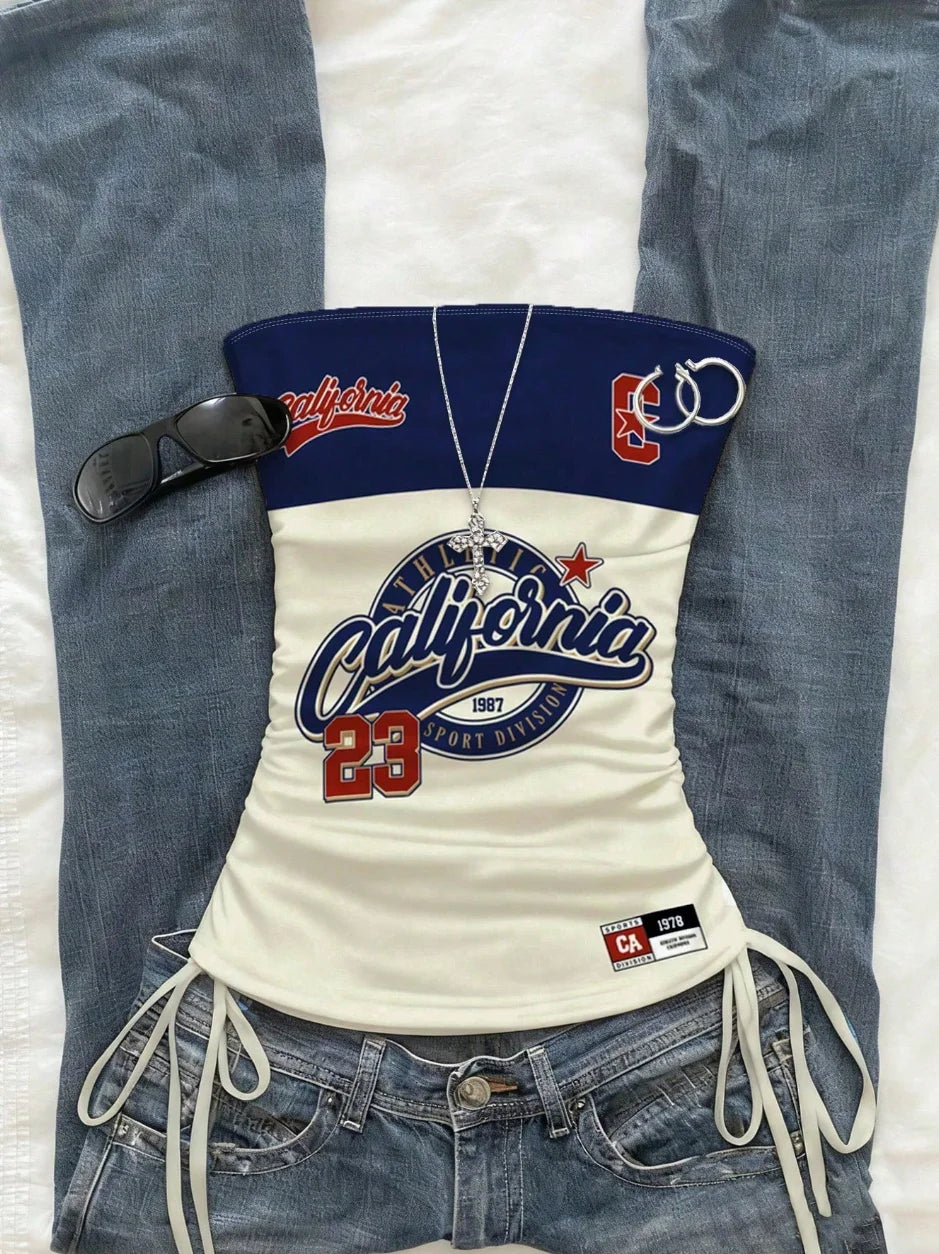 cropped top  ，Women's Summer Drawstring Tie Front Cutaway Tapered Tank Top, Fashionable Resort-Fit Sporty Print Strappy Top