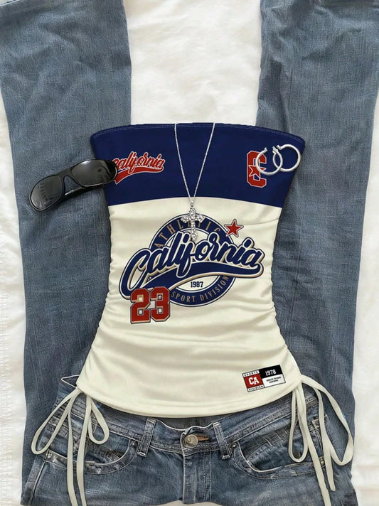 cropped top  ，Women's Summer Drawstring Tie Front Cutaway Tapered Tank Top, Fashionable Resort-Fit Sporty Print Strappy Top