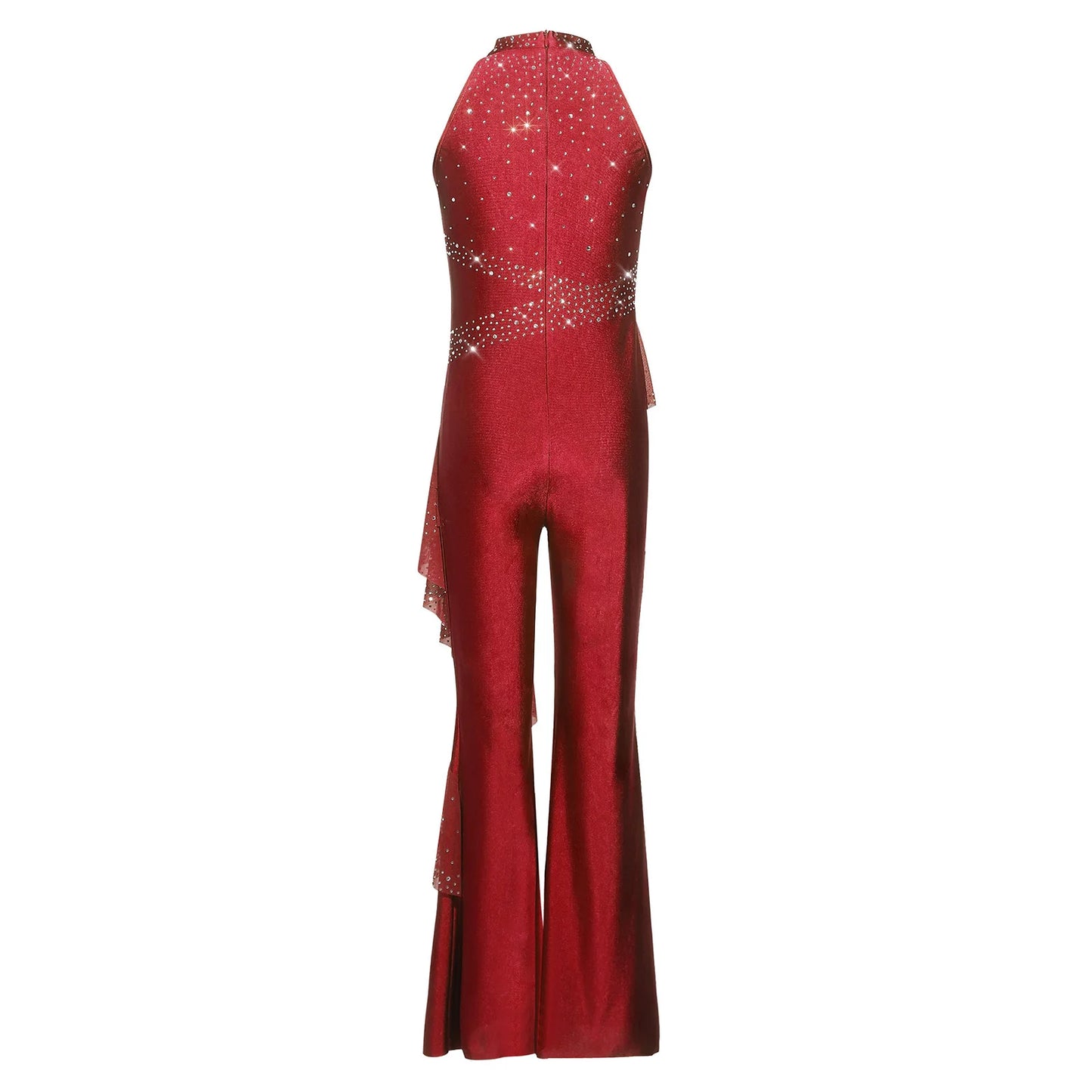 Kids Girls Figure Skating Jumpsuit Ballet Gymnastics Acrobatics Dance Leotard Sleeveless Shiny Rhinestones Ruffles Mesh Bodysuit