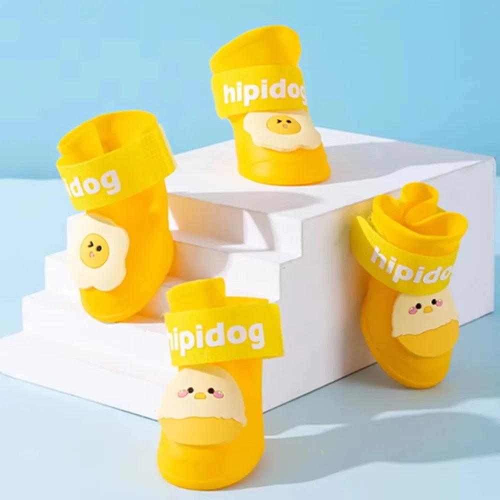 4Pcs/Set Silicone Pet Rain Boot Waterproof Anti Slip Sole Pet Paw Protector Cartoon Wear Resistance Outdoor Dog Footwear Outdoor